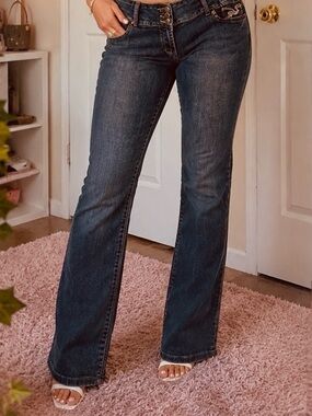 Urban Star Y2K Bootcut Jeans 16 Dark Blue Grey Wash 3 Button High Rise Denim
